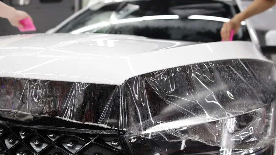 Protective film worked across a white bonnet